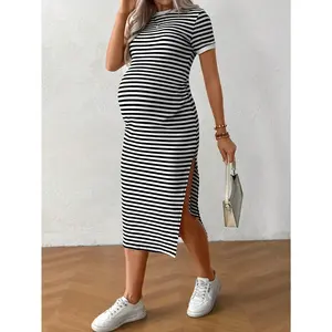 Summer Maternity Striped Dress, Comfortable, Casual and Versatile, Slim Fit Hip-hugging Skirt for Pregnant Women