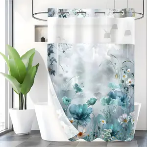 LVRLVR 1pc Misty Blue Watercolor Wildflower Shower Curtain with Sheer Top Window, Detachable Liner & No Hook C-Ring, 70.8" x 74"