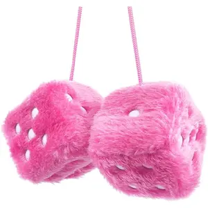 Couple 2.75” Fuzzy Dice with Leather Dots Retro Car Mirror Hanging Accessories for Car Decoration Pink Soft Furry Fabric & Resilient Foam 7cm x 7cm x 7cm