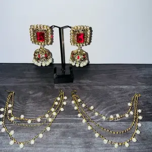 Sahara Jhumki Earrings Removable with Red Gemstone and Beaded Chains for Festival Wear