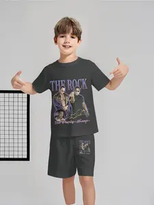 Dwayne Johnson THE ROCK Boys' Two-Piece Set, Short Sleeve and Shorts Set, 100% Polyester Casual Loose Fit Outfit, Summer Fun Printed Pattern, Outdoor Sports T-Shirt Set, Perfect Gift for Boys