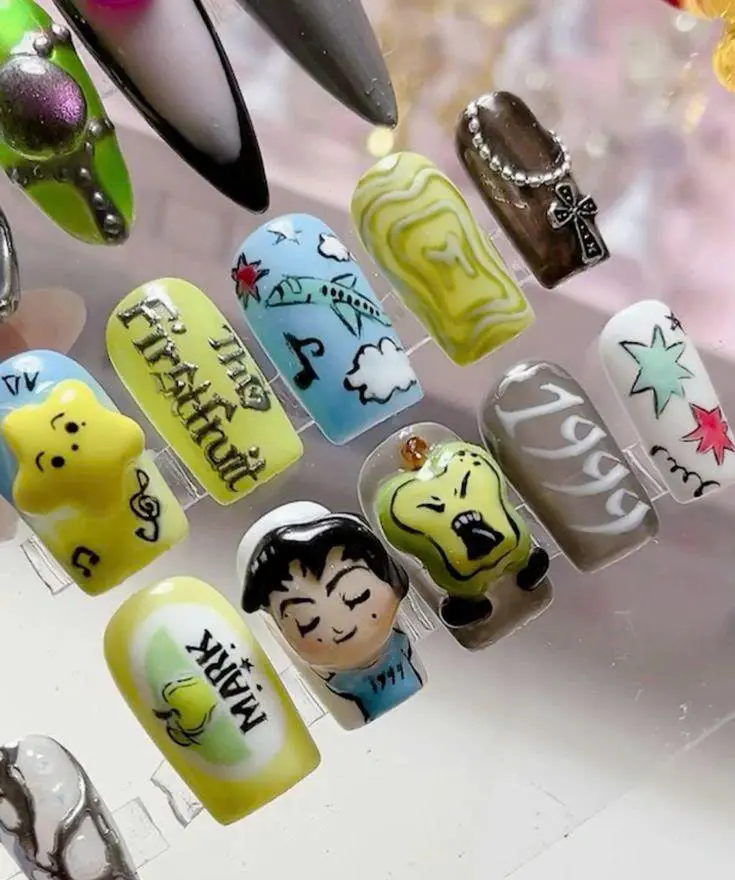 NCT Mark Lee Inspired Press On Nails, 3D Fruit Cartoon Nail Art, Blue & Yellow Handmade Fake Nails Set with Nail Kit | Free Adhesive Tabs Nail File & Cuticle Stick