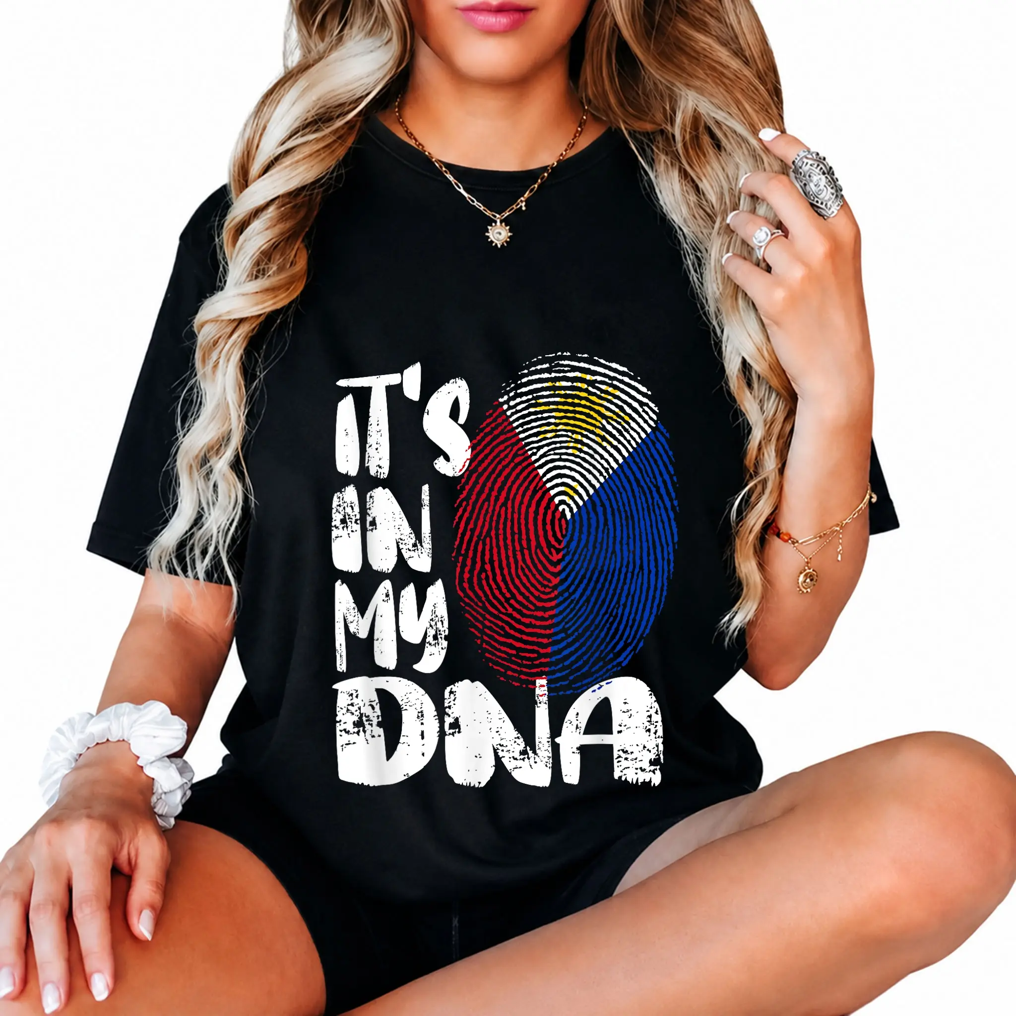 100% Cotton Philippines Flag It's in My Dna Filipino Fingerprint Flag T-Shirt