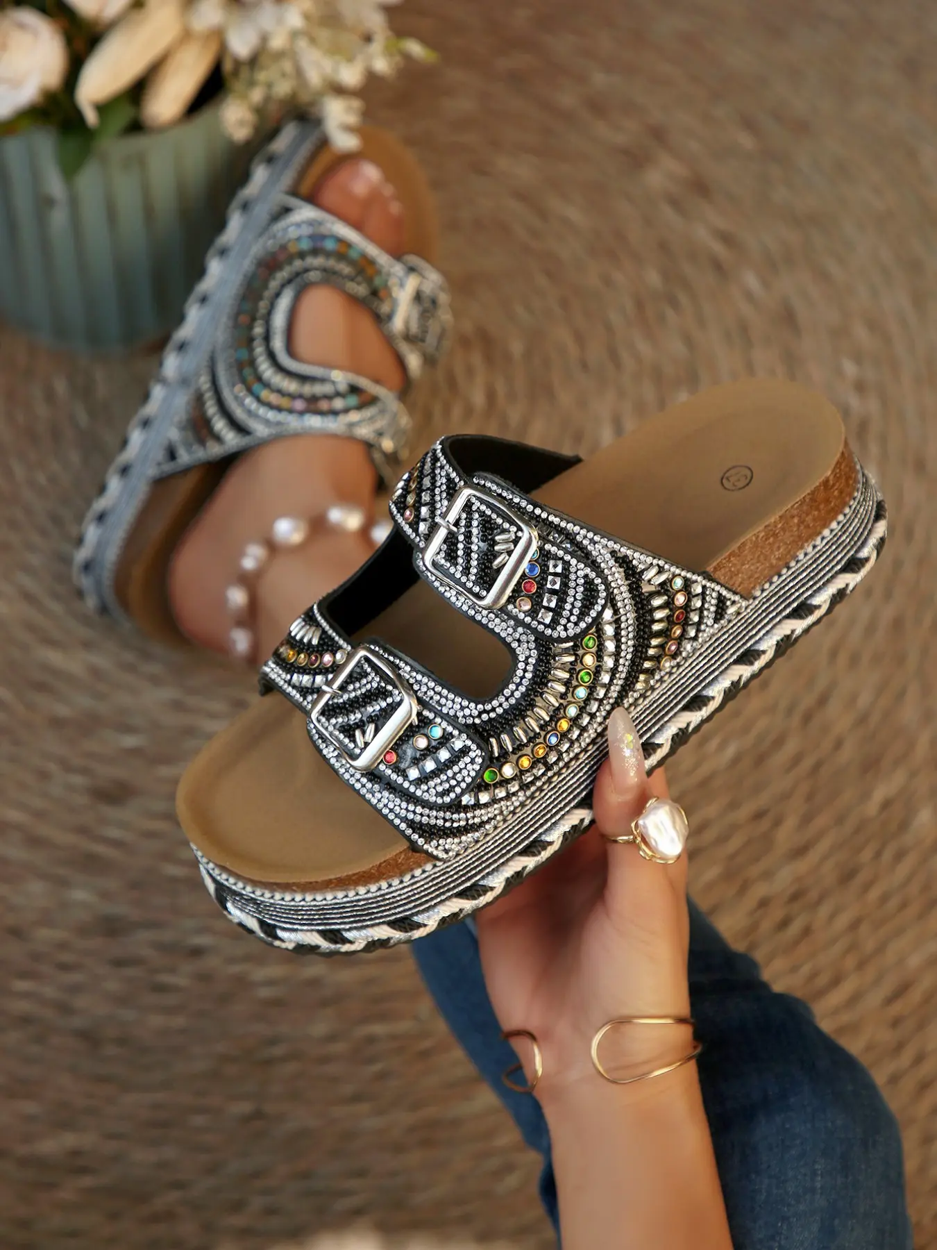 Women's Bohemian Style Rhinestone Bead Thick Sole Slippers, Dual Buckle Woven Edge Vacation Sandals, Fashion Ethnic Pattern