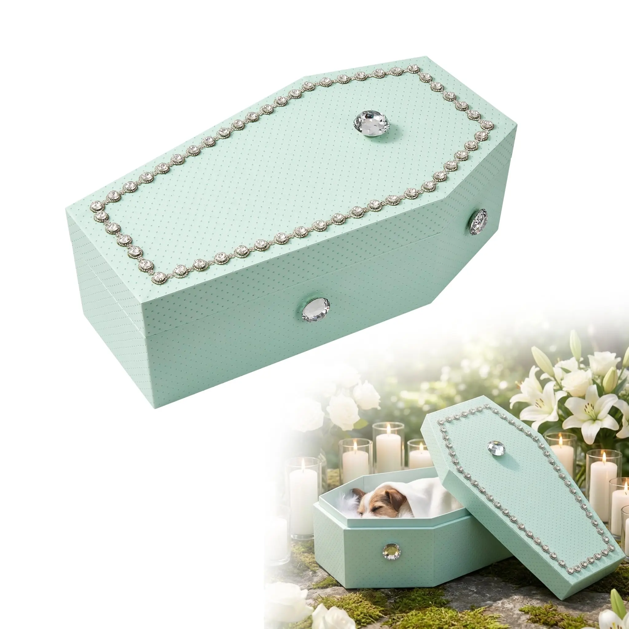 Pet Dog & Cat Casket Small Funeral Burial Box, Rhinestone Decor Pet Coffin with Hair Keepsake Bottle Scissors Feather Pad, Mint Green Solid Pet Memorial Box