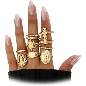 Women's Vintage Gold Virgin Mary Cross Unit Set Rings, 10Pcs Chunky Stackable Knuckle Retro Costume Jewelry Accessories (Gold Rings Included)