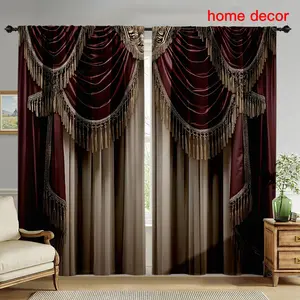 2pcs Wine Velvet Curtains, Fringe, Double Layered, High Light Blocking, Home Decor, Bedroom & Living Room, Eco-Friendly, Tassel Decor Curtain
