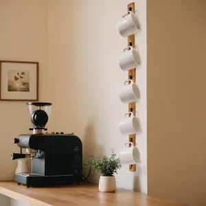 Wall-Mounted Coffee Mug Rack - 6-Hook Solid Wood Cup Holder for Kitchen Cabinet, Space-Saving Tea Bar Organizer with Rustic Decor (Vertical Rectangle Design)