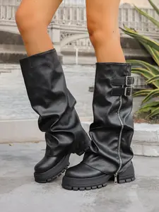 New European Style Thick Sole Folded High Calf Boots, Women's Retro Sexy Platform Long Boots, Vintage Soul Boots, Anti-Slip Durable PU Leather Fashion Shoes
