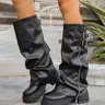 New European Style Thick Sole Folded High Calf Chunky Boots, Women's Retro Sexy Platform Long Boots, Anti-Slip Durable PU Leather Fashion Shoes