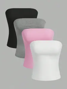 Women's 4pcs Solid Color Tube Top Set - Sexy Off-Shoulder Spaghetti Strap Crop Blouse & Tube Tops, Stretchy Polyester & Elastane Blend, Spring/Summer/Fall Casual Wear, Spring Fashion Wear | Sexy Spaghetti Strap Top | Elastane Blend