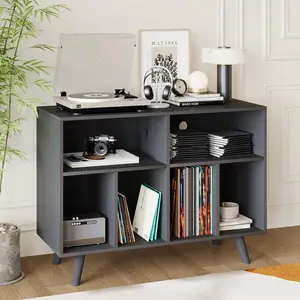Garvee Large Wooden Record Player Stand with Vinyl Storage, Holds Up to 350 Albums, Includes Charging Station, Perfect for Living Room Organization, Black Finish