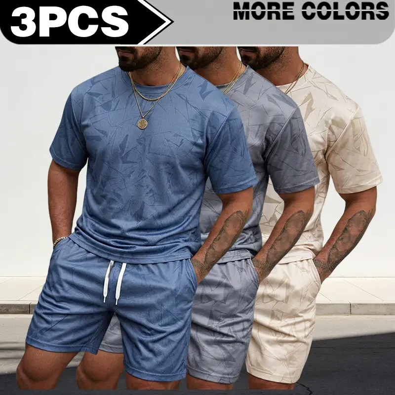 Summer cool-feeling dark pattern printed sports suit for men, thin and breathable short-sleeved T-shirt, elastic waist shorts, two-piece set, casual and versatile