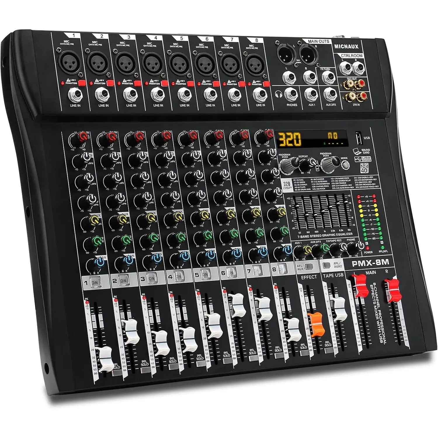 Professional 8-Channel Audio Mixer Console - 320 DSP Effects, 7-Band EQ, 48V Phantom Power, Mute Buttons, XLR Inputs, USB, Bluetooth, MP3 Support, Headphones Compatibility for Recording & Smartphone Wireless Streaming, Headphones Bluetooth, Musical Instru