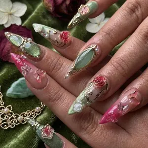 Vintage Floral Press On Nails Fairycore Nails 3D Rose And Gem 3D Art Nails Luxury Elegant Nails