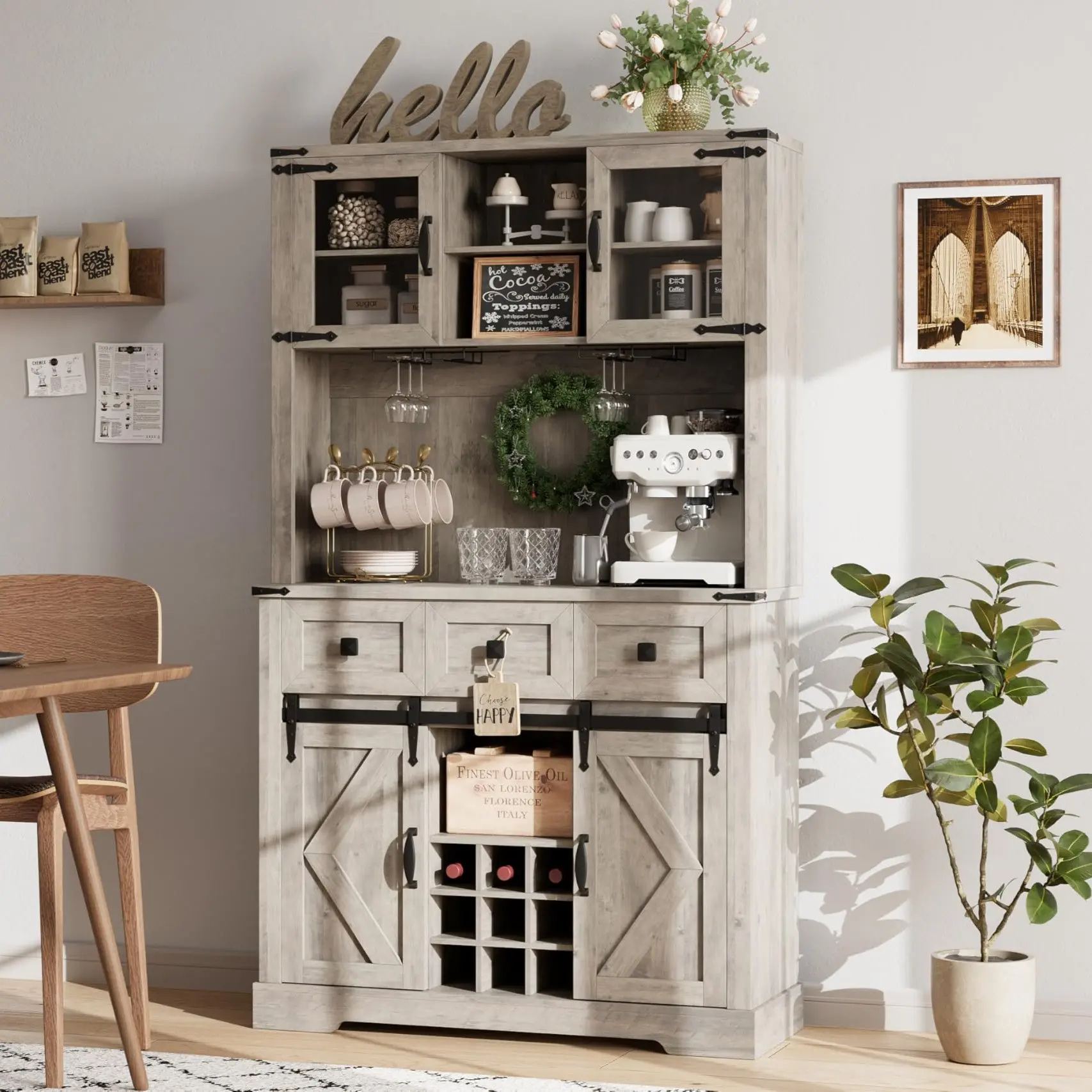 【GARVEE】72" Tall Kitchen Pantry Cabinet, Farmhouse Kitchen Hutch Storage Cabinet with Sliding Barn Door, Large Buffet Sideboard with Microwave Stand and 3 Drawers, Cupboard for Dining Room, Washed Grey