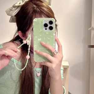 Crystal transparent white light matcha green floral cat phone case with chain for iPhone 11 12 13 14 15 16 pro max