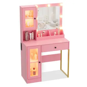 Vanity Desk with Mirror and Lights Elegant Makeup Vanity Table with Drawers & Cabinets, Storage, Sturdy MDF Top, Adjustable Brightness Bulbs, Built-in Power Outlet & USB Ports for Bedroom