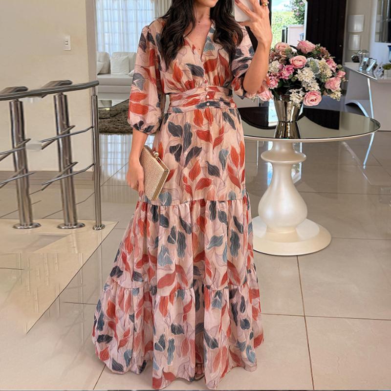CHICME 2026 Women's Plants Print V-Neck Puff Sleeve Casual Maxi Dress