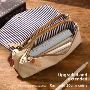 Aesthetic Denim Pencil Case for Middle-High School Girls, Extended Size Upgraded Double Bags Design, Zipper-Closure High-Appearance Stationery Pouch