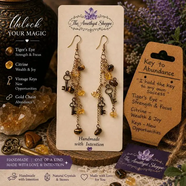 The Amethyst Shoppe - Key To Abundance - Tiger's Eye & Citrine Earrings with Vintage Keys & Gold Chain for: Strength, Focus, Wealth, Joy, & New Opportunities - Handmade with Love
