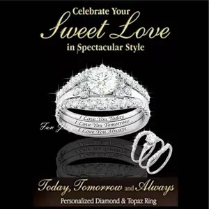 Engagement Ring Set with Zirconia for Ladies - Best-Selling Three-Piece Jewelry Set with "I Love You" Engravings