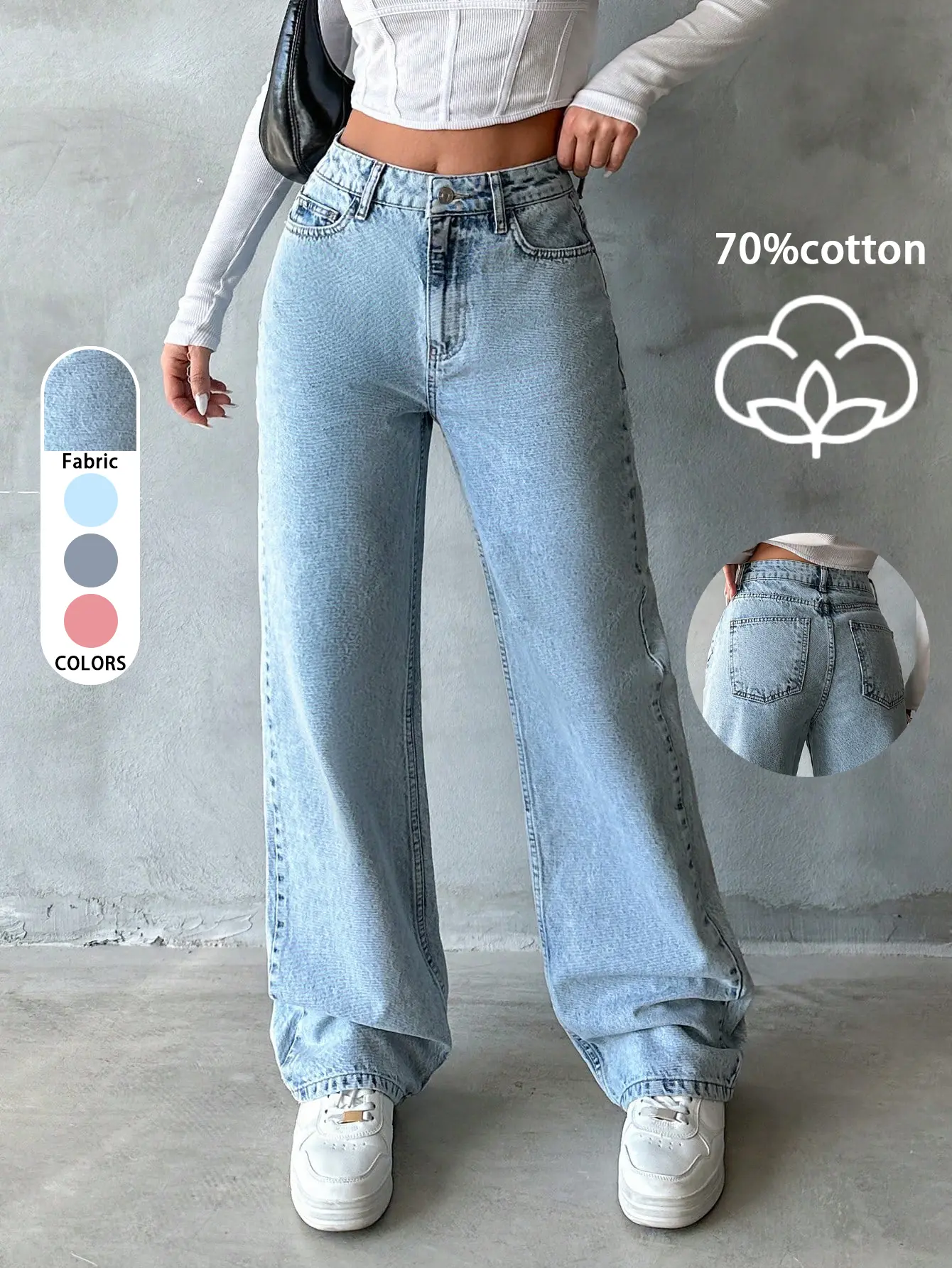 Women’s mid-rise non-stretch wide-leg jeans, vintage washed denim long pants, trendy casual fit, comfortable and stylish, suitable for everyday wear, daily outings, and outdoor activities.