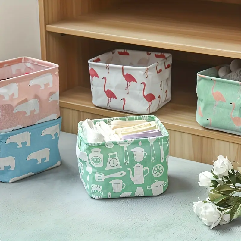 7.6in 1pc Linen Fabric Storage Basket With Handle, Desktop Sundries Storage Basket, Everyday baskets