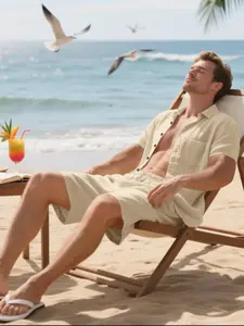 Men's Summer Casual Linen Sportswear Set, Loose-Fitting Shirt and Shorts, Fashionable Men's Clothing,menswearfashion