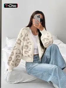 Women's Leopard Print Cardigan, Casual Loose-Fit Long Sleeve Knitted Top, Fall & Winter Fashion, Versatile Knitwear for Daily Wear, Knitting Cardigan