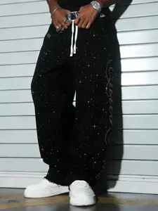 Y2K Men's Rhinestone-Embellished Baggy Wide-Leg Sweatpants, Starry Sky Pattern Drawstring Pants With Frayed Hems For Casual Streetwear Trousers