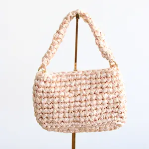 Light Coral Handmade Crochet Purse, Crochet rectangular bag with top handle and chain