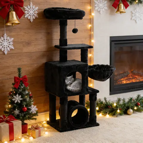 GOXIFACHOY Gothic Multi-Level Cat Tree Condo, 49/63/67in Tall Tower for Indoor Large Adult Cats (25lb Capacity) with Scratching Posts, 12.2in Basket, Hammock, Tunnel, Plush Perch, Vertical Scratcher Board, 49in Window Perch, 2.4" Soft Top Pad