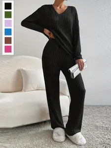 Women's Casual Fitted Ribbed Two-Piece Set Pants, Fall & Winter Plain Design, Comfortable Daily Wear, Ideal for Home Use, Stylish Women's Long Sleeve Top