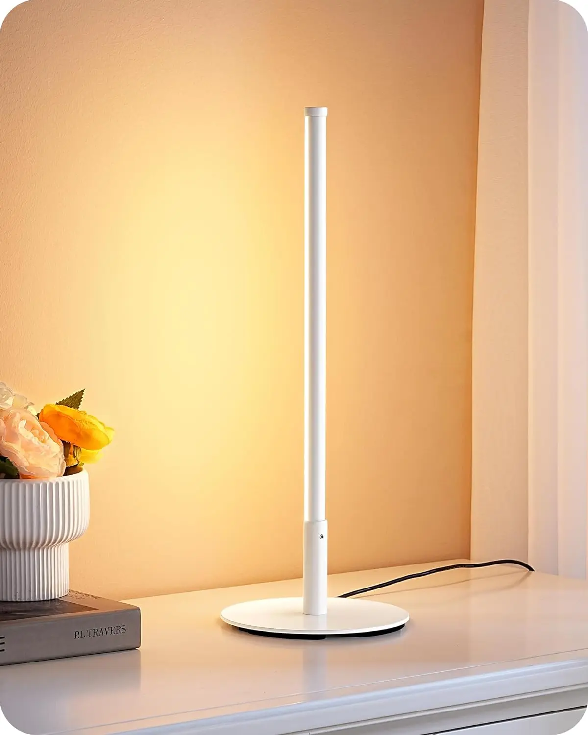 LED Table Lamp, Dimmable Bedside Lamp, 3 Color Temperature, Power Cord Touch Switch Desk Lamp, Upgraded Minimal Nightstand Lamp for Bedroom, Living Room, Gift, Metal Finish, Eye Caring, White