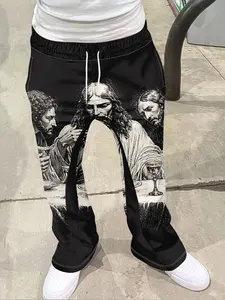 Vintage Men's Renaissance Print Pants, Loose Bell Bottoms, Drawstring Sportswear, 3D Soft Breathable Fabric, Casual All-Season Wear