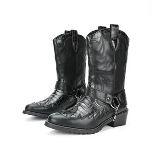 Black Cowboy Boots for Men - Embossed Alligator Design, Buckle Strap & Chain Accent, Mid - Calf Western Riding Footwear Black Leather Cowboy Boots for Men - Alligator Print, Buckle Chain Decor, Mid - Calf Western Style Riding & Casual Boots