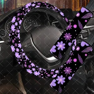 3Pcs/Set Purple Flower Car Interior Set, Includes Steering Wheel Cover, Car Seat Belt Cover, No Inner Ring, Durable Material, For Women, Girly car accessories, Car Enthusiasts, Gift For Drivers