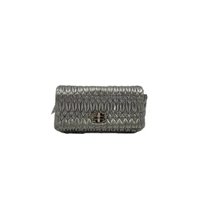 Pre-owned miumiu H6 Miu Miu Moonlight Silver Lambskin Pleated Gemstone Chain Bag hz45613