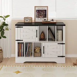 39 Inch Farmhouse Vinyl Record Holder, Wooden Turntable Stand with Sliding Barn Doors & Spacious Storage Cabinet for Living Room & Bedroom Decor