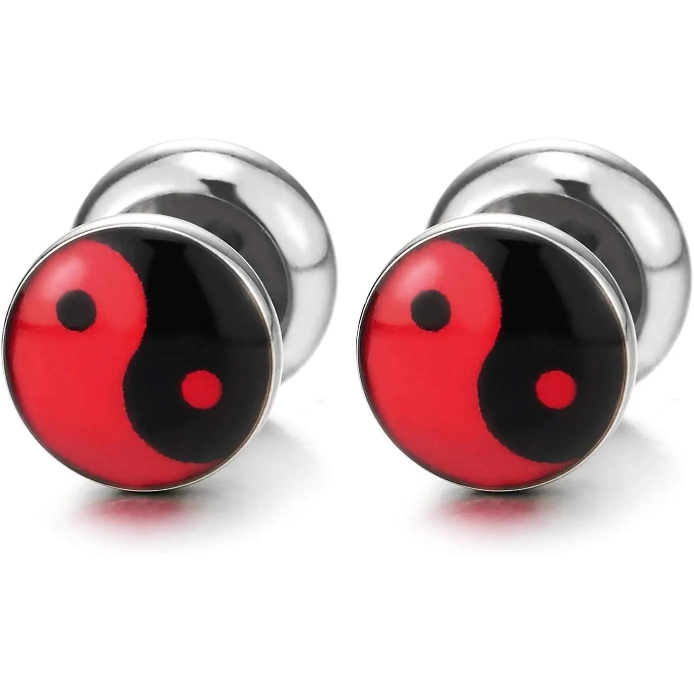 Red Black Yin-Yang Stud Earrings for Men Women, Steel Cheater Fake Ear Plugs Gauges Illusion Tunnel