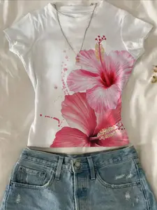 Y2K Aesthetic Pink Hibiscus Flower Graphic Tee for Women, Comfy Summer Casual Short Sleeve T-Shirt, Round Neck, Tropical Floral Print Streetwear, Soft Breathable Basic Top for Vacation, Beach, Daily Wear, Everyday Fashion, Trend