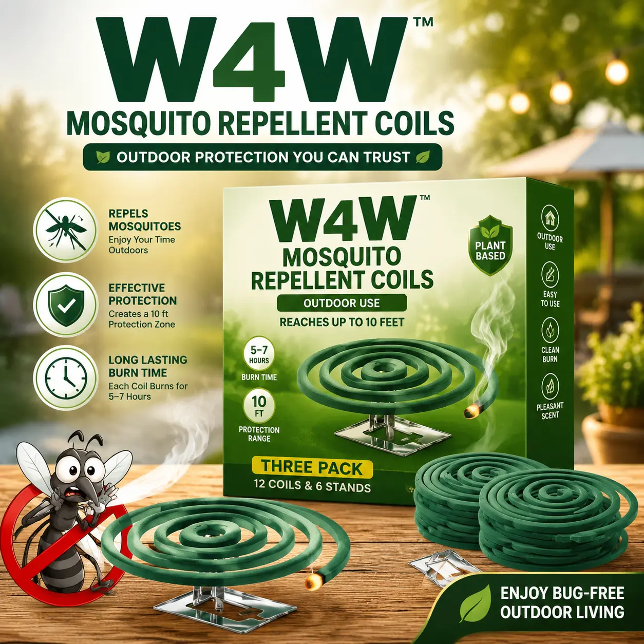 W4W Mosquito Repellent Coils - Outdoor, 10ft Coverage, 5-7 Hour Burn Duration, 3-Pack (12 Units & 6 Stands)