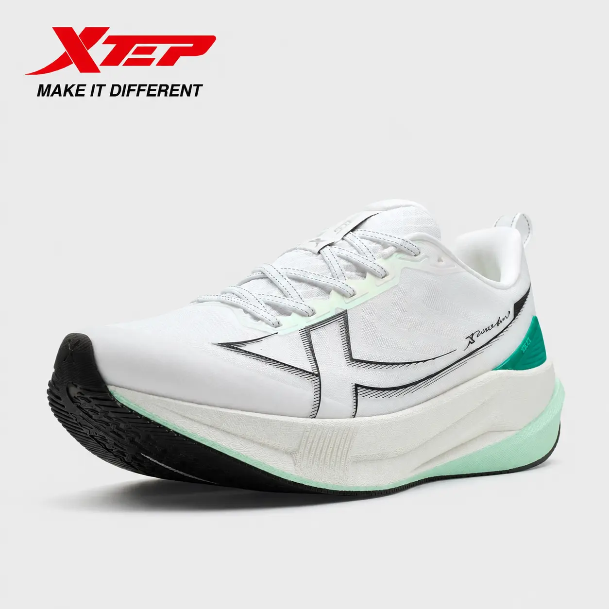 XTEP 2000km 5.0 Men's Running Shoes,Classic White/Black/Phthalic Green 5.0,Next-Gen Midsole,Unbreakable Upper,Pro-Level Stability and Lighter & Faster.