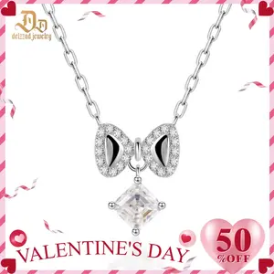 Delzzad Bowknot Necklace Asscher Square Chain VVS Synthetic Moissanite S925 Chain Jewelry Perfect Birthday Wedding Engagement Anniversary Christmas Gift