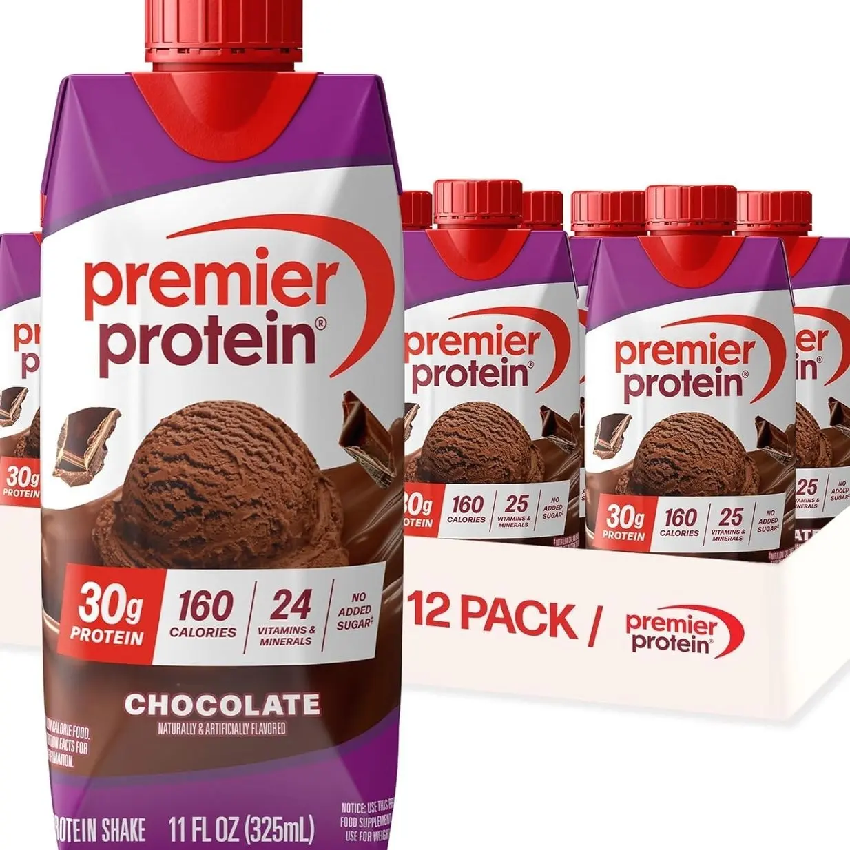 Premier Protein Shake, Chocolate, 30g Protein, No Added Sugar, 24 Vitamins & Minerals to Support Immune Health, 11 fl oz, 12 Pack