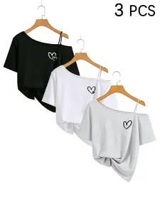 2026 Viral 3 Pack Women Heart Print Crop Tops, Off Shoulder Spaghetti Strap Short Sleeve T-Shirts, Casual Streetwear Tees, Trendy Summer Going Out Tops for Teen Girls, Soft Breathable Tops for Daily Vacation Casual Wear Multi Color Optional