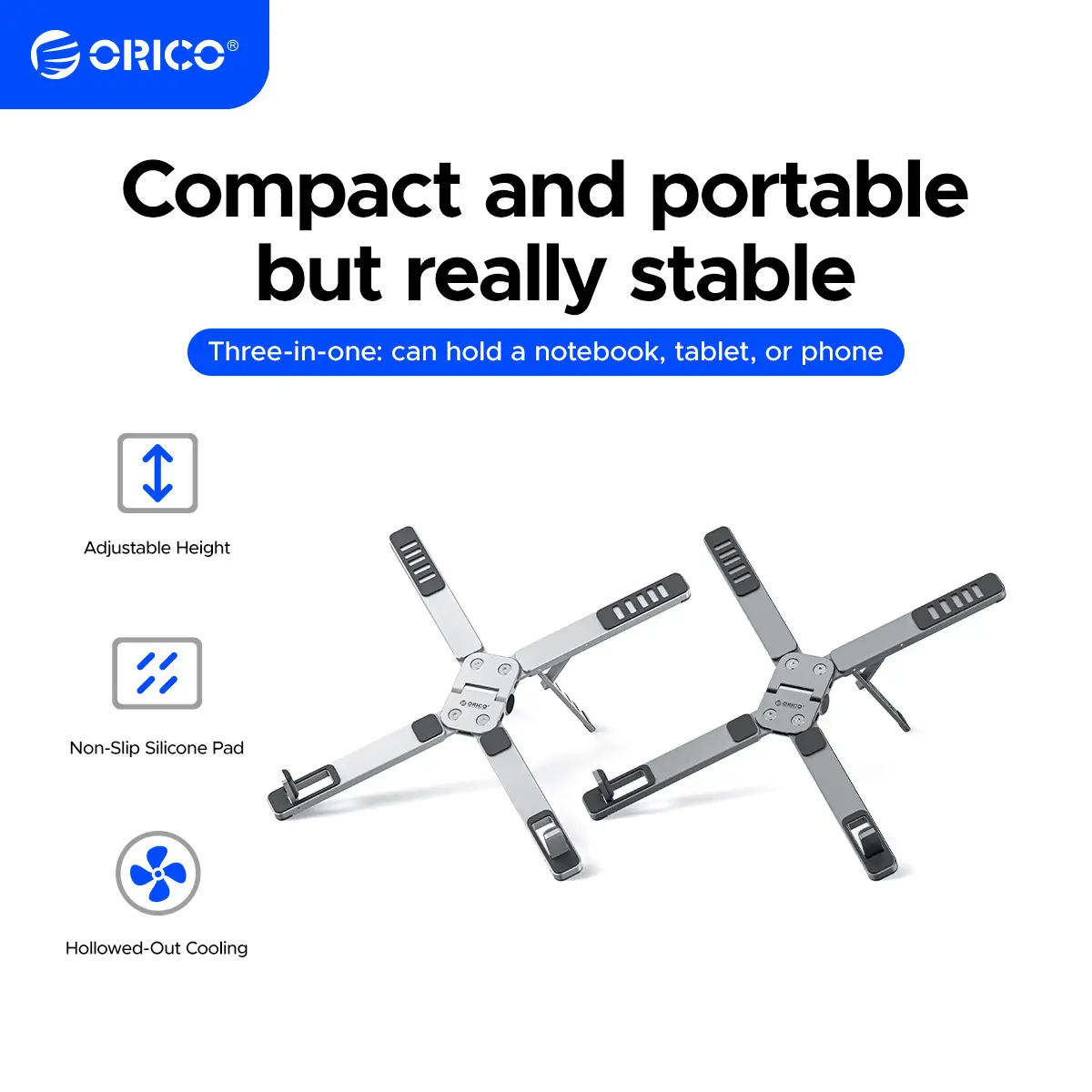 ORICO Portable Laptop Stand for Travel & Desk, Ultra-Compact Foldable Aluminum 3-in-1 Riser for Laptop, Tablet & Phone, 5 Adjustable Heights, Compatible with MacBook/HP/Dell/iPad/iPhone – PN1