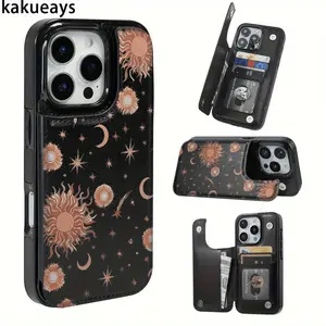 Celestial Sun and Moon Wallet Phone Case for iPhone 17/16/15/14/13/12 Pro Max/Pro/Plus/Air – PU Leather Card Holder