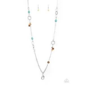 Sandstone Safari - Multi Brown Wood Turquoise Silver Bead Lanyard Necklace - Paparazzi